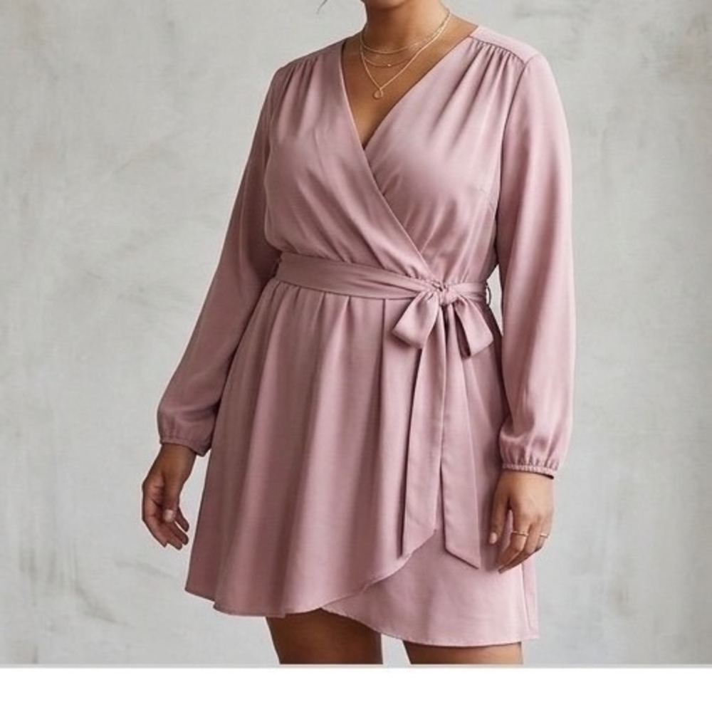 coquette Romantic Balletcore Faux Wrap Dress Women 18/20 Pink Long Sleeve Belted
